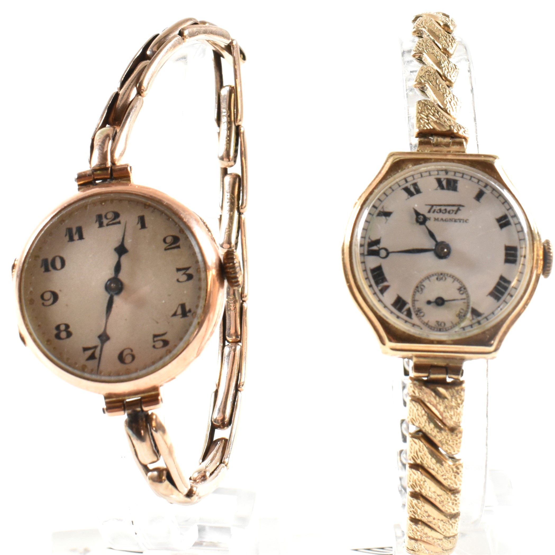 TWO 9CT GOLD WATCHES ON ROLLED GOLD STRAPS TISSOT & OMEGA BOX - Image 2 of 5