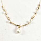 HALLMARKED 9CT GOLD CULTURED PEARL DROP & DIAMOND NECKLACE