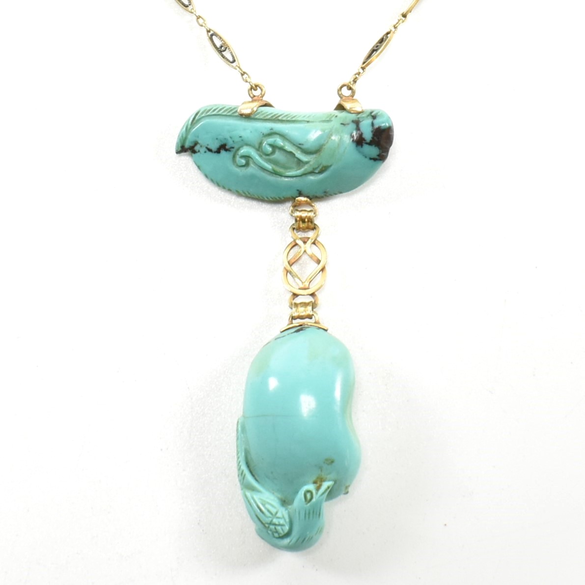 14CT GOLD & CARVED TURQUOISE PENDANT NECKLACE