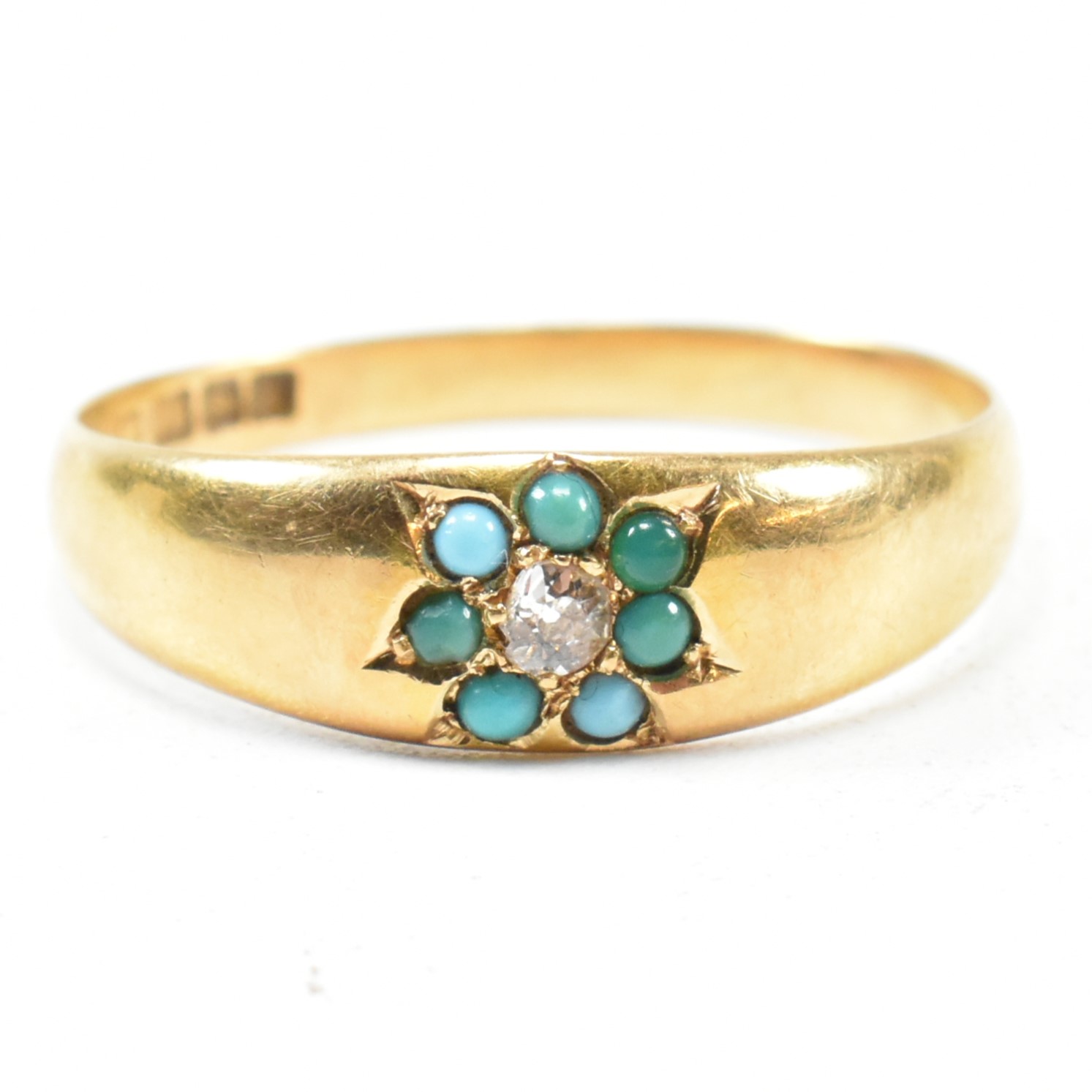 VICTORIAN HALLMARKED 18CT GOLD TURQUOISE & DIAMOND RING