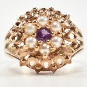 1970S HALLMARKED 9CT GOLD PEARL & AMETHYST DOME RING