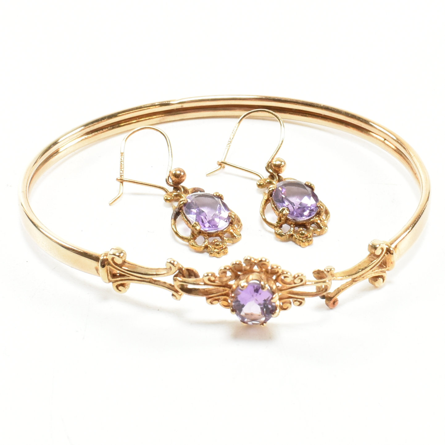VICTORIAN STYLE HALLMARKED 9CT GOLD & AMETHYST BANGLE & EARRING SET