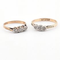 TWO VINTAGE 9CT GOLD & PLATINUM DIAMOND THREE STONE RINGS