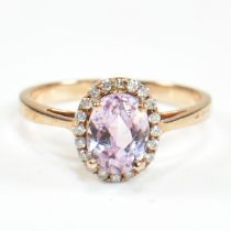 HALLMARKED 9CT GOLD KUNZITE & DIAMOND CLUSTER RING