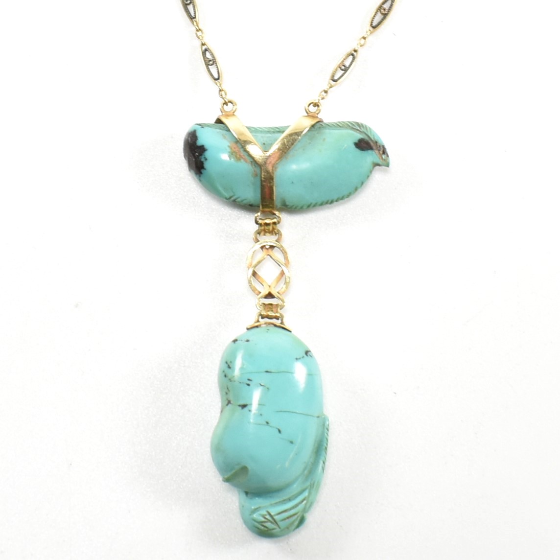 14CT GOLD & CARVED TURQUOISE PENDANT NECKLACE - Image 3 of 5