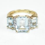 HALLMARKED 9CT GOLD AQUAMARINE & DIAMOND TRILOGY RING