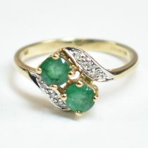 HALLMARKED 9CT GOLD EMERALD & DIAMOND CROSSOVER RING