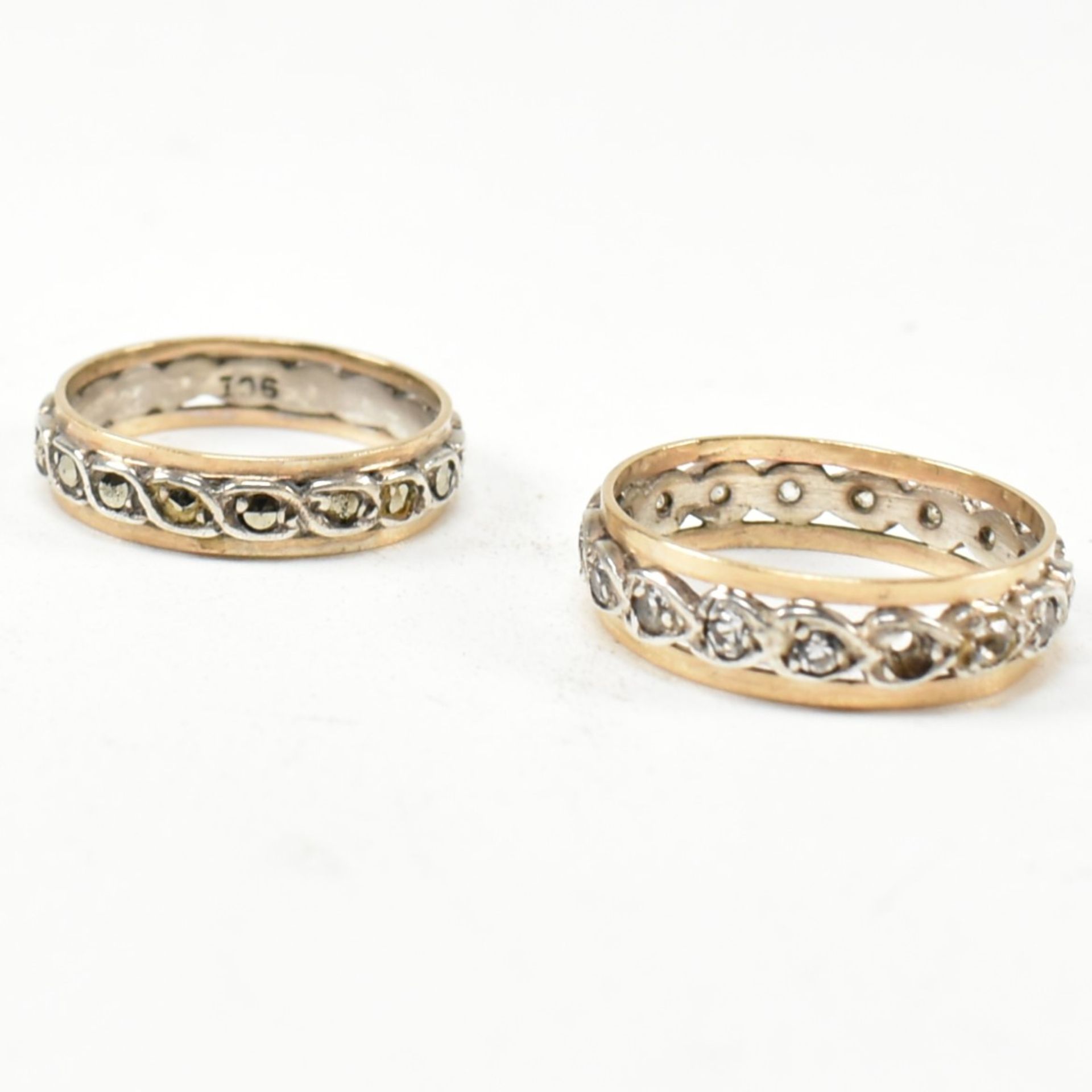 TWO 9CT GOLD & SILVER MARCASITE & WHITE STONE BAND RINGS - Image 2 of 5