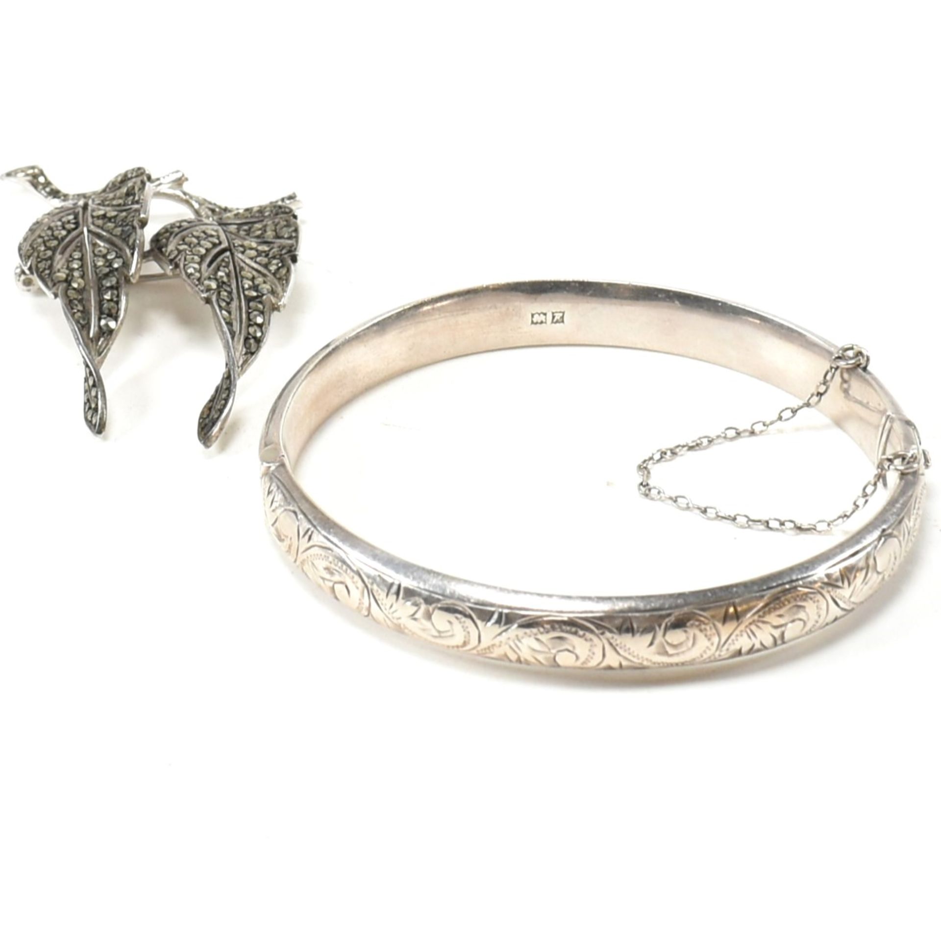 HALLMARKED SILVER BANGLE & HALLMARKED MARCASITE BROOCH PIN