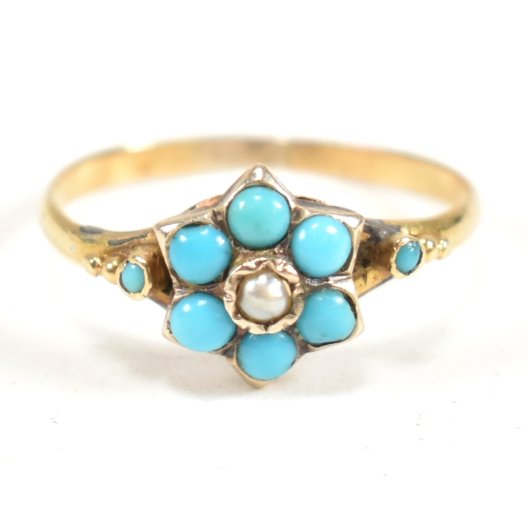 18CT GOLD TURQUOISE & SEED PEARL CLUSTER RING