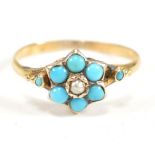 18CT GOLD TURQUOISE & SEED PEARL CLUSTER RING