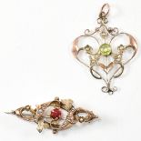 EDWARDIAN HALLMARKED 9CT GOLD & GEM SET BROOCH PIN & 9CT GOLD & GEM SET NECKLACE PENDANT