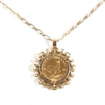 HALLMARKED 9CT GOLD MOUNTED 1/10 OZ KRUGERRAND PENDANT NECKLACE