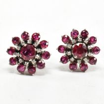 PAIR OF RUBY & DIAMOND CLUSTER EARRINGS