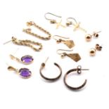 COLLECTION OF 9CT GOLD & GEM SET EARRINGS & 9CT GOLD FASTENERS