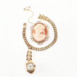 HALLMARKED 9CT GOLD CAMEO BROOCH & COCKTAIL WRISTWATCH