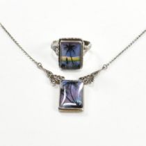 SILVER & BUTTERFLY WING TROPICAL SCENE PENDANT NECKLACE & RING SET