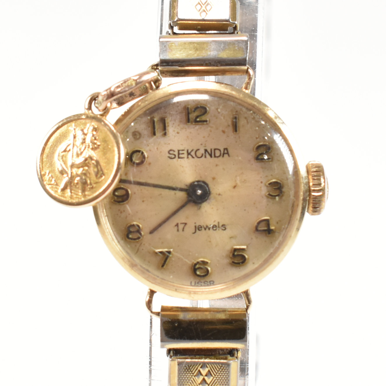 HALLMARKED 9CT GOLD SEKONDA WATCH ON STAINLESS STEEL STRAP