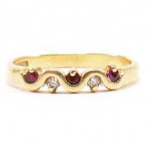 HALLMARKED 18CT GOLD DIAMOND & RED STONE HALF HOOP RING