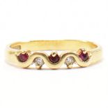 HALLMARKED 18CT GOLD DIAMOND & RED STONE HALF HOOP RING