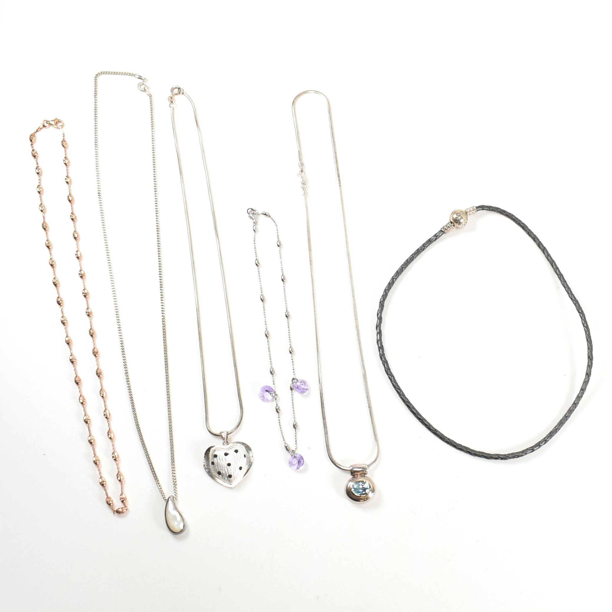 COLLECTION OF SILVER NECKLACES & GEM SET PENDANT NECKLACES & PANDORA ROPE TWIST BRACELET