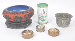 CHINESE CINNABAR BOWL WITH COLLECTION OF TIBETAN ITEMS