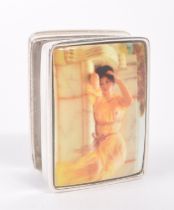 VINTAGE 20TH CENTURY SILVER PILL BOX WITH SEMI NUDE LADY
