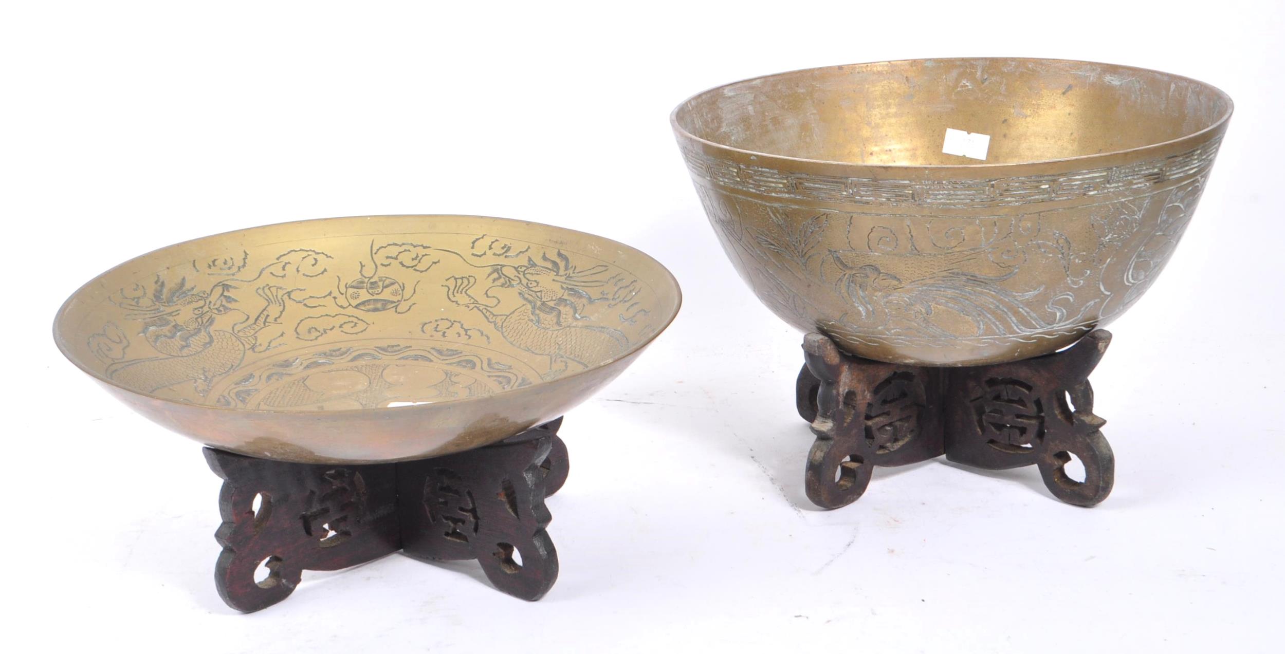 VINTAGE 20TH CENTURY INDIAN BRASS BOWLS W/ STANDS