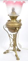 ART NOUVEAU MANNER CONVERTED OIL LAMP WITH PINK SHADE