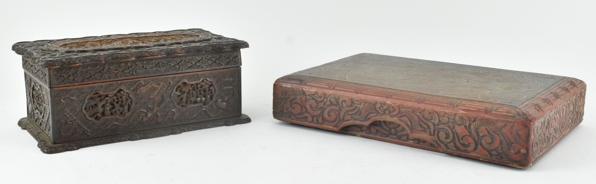 TWO CHINESE HARDWOOD CARVED BOXES 雕刻木盒两个 - Image 6 of 6