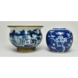 TWO BLUE AND WHITE CERAMIC CENSER AND JAR 青花罐香炉和姜罐