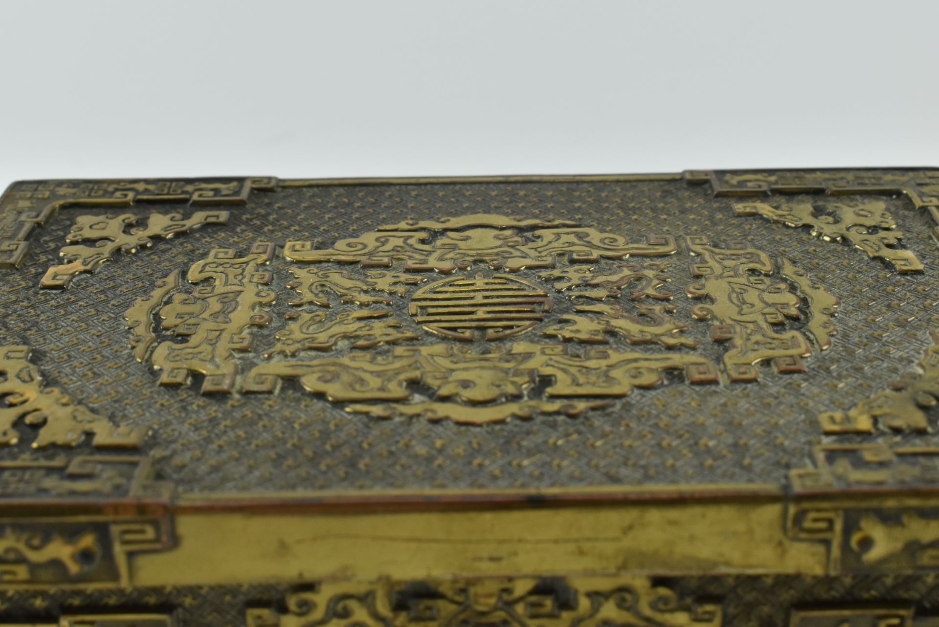 CHINESE BRASS LINED WOODEN BOX WITH HINGED COVER 铜镶木盒