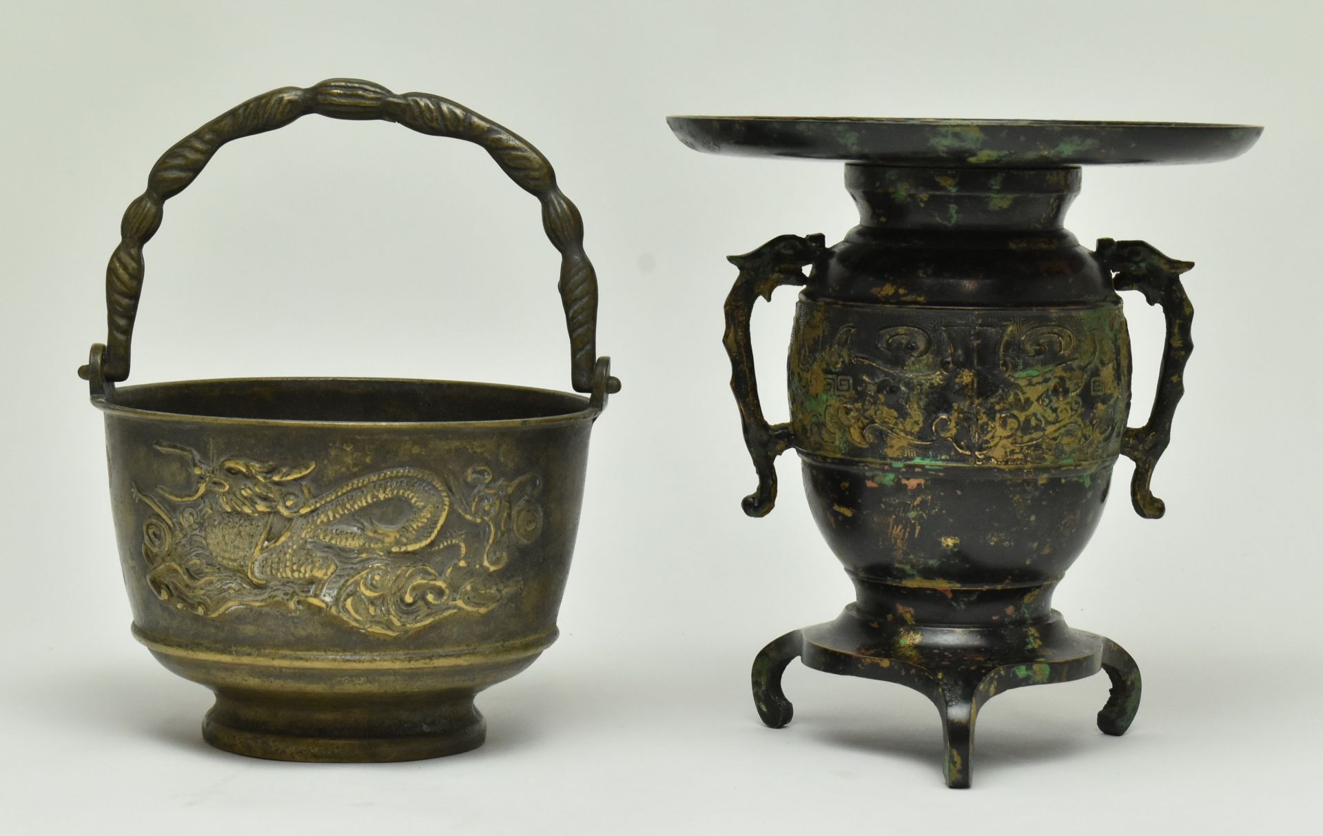 TWO JAPANESE BRONZE PIECES "DRAGON" CENSER AND PLANT POT