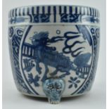 QING DYNASTY BLUE AND WHITE CENSER 清末 青花貔貅 香炉