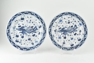 PAIR OF BLUE AND WHITE PHOENIX CHARGERS 晚清牡丹凤凰盘一对