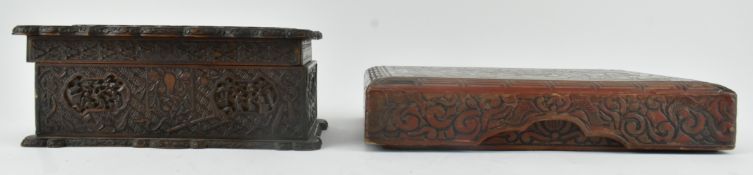 TWO CHINESE HARDWOOD CARVED BOXES 雕刻木盒两个
