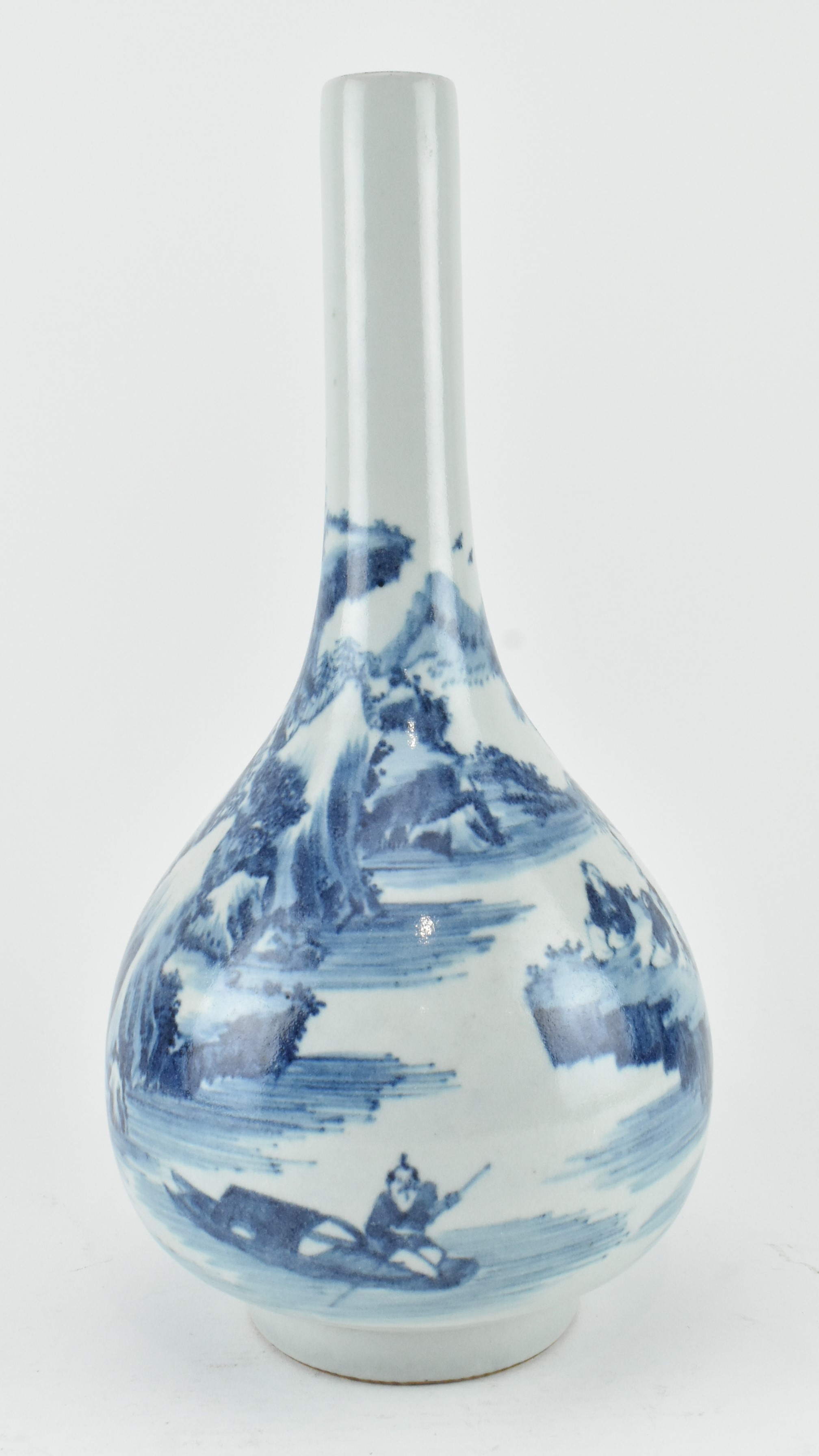 BLUE AND WHITE LANDSCAPE BOTTLE VASE 青花山水人物胆瓶 - Image 2 of 6