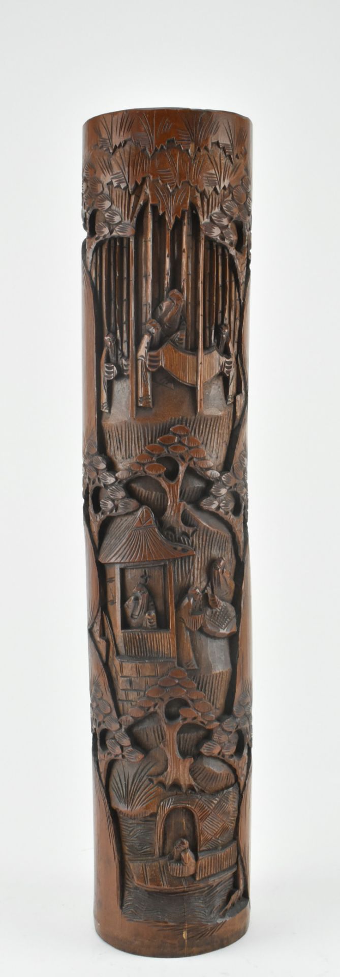 BAMBOO CARVED SEVEN SAGES IN BAMBOO GROVE BRUSH HOLDER