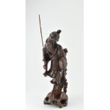 QING DYNASTY CARVED WOODEN FIGURINE 清 姜太公钓鱼木刻像