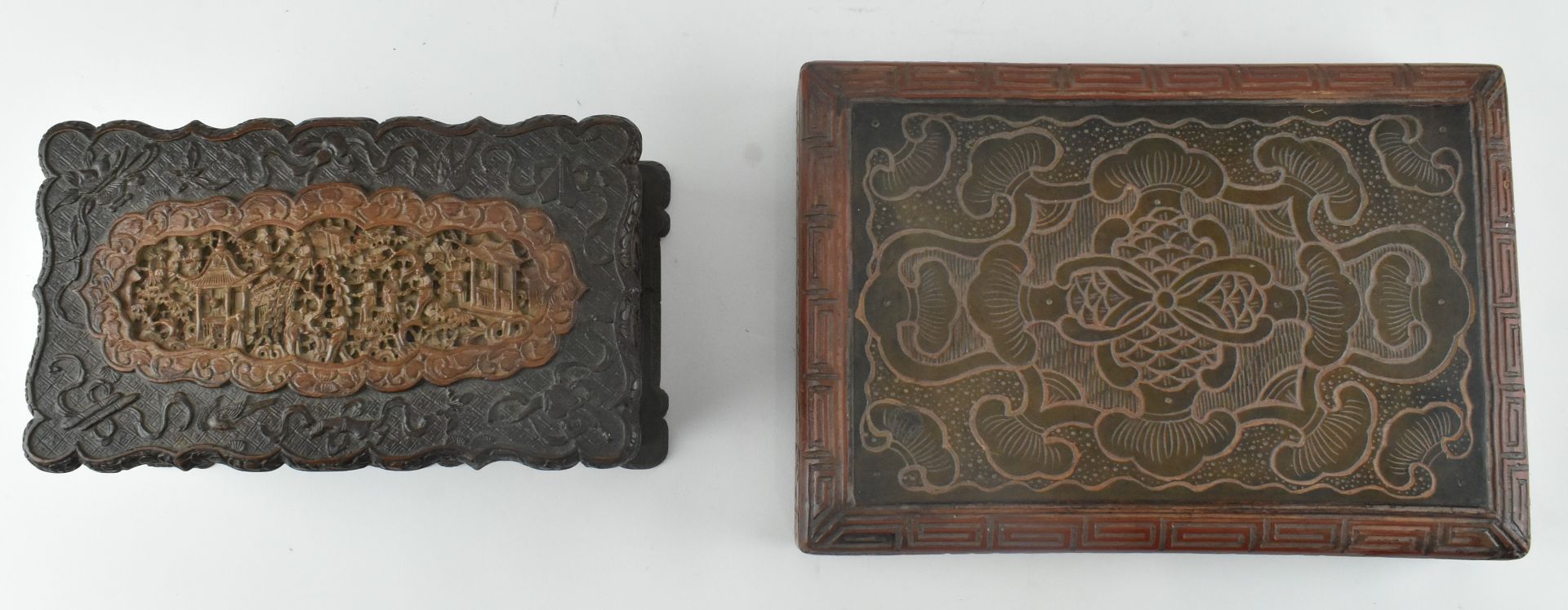 TWO CHINESE HARDWOOD CARVED BOXES 雕刻木盒两个 - Image 3 of 6