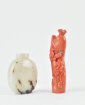 AGATE SNUFF BOTTLE AND A SEA BAMBOO CORAL PERFUME BOTTLE