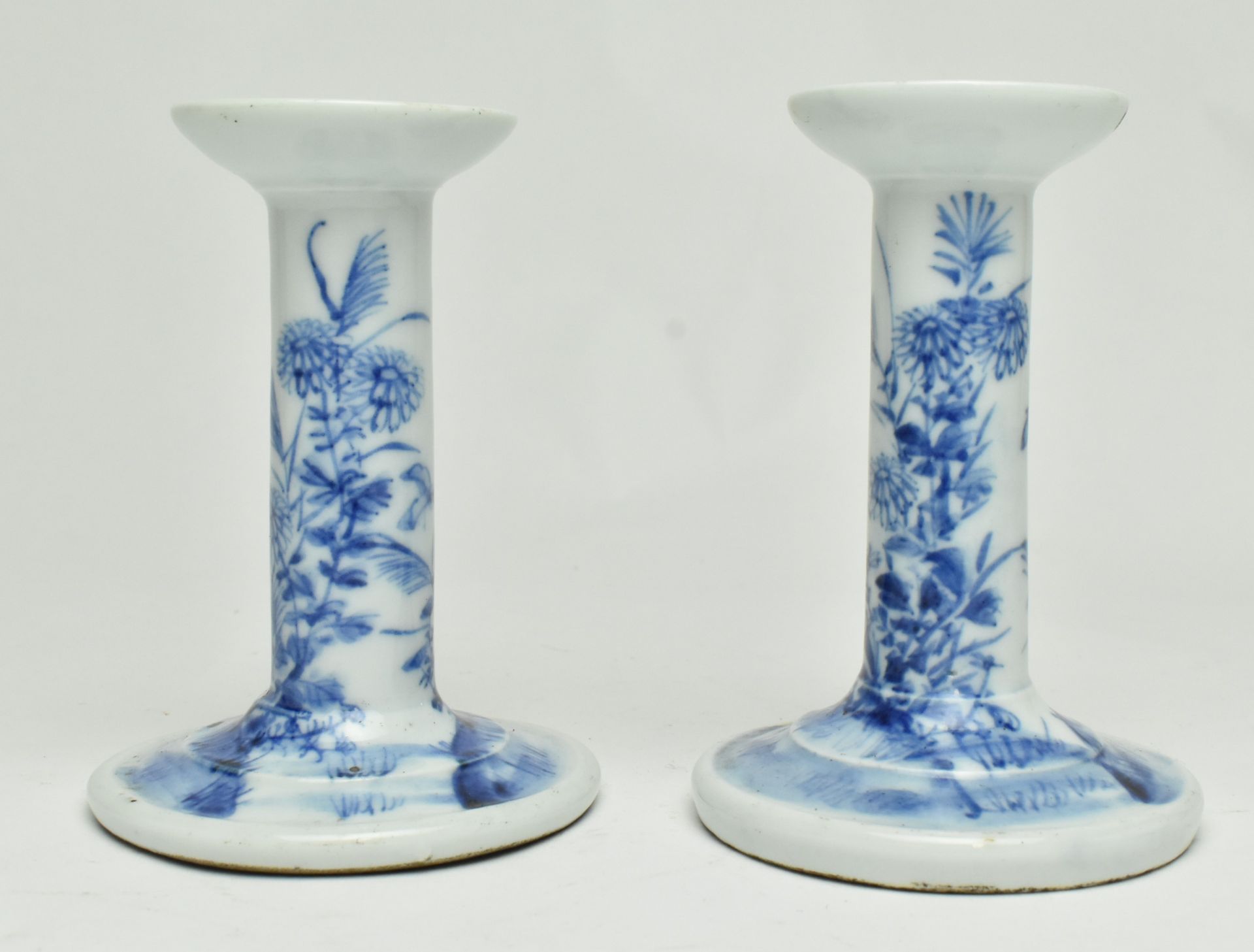 PAIR OF REPUBLIC BLUE AND WHITE CANDLE STICKS 民国青花烛台一对