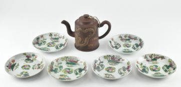 QING PERIOD SIX FAMILLE ROSE DISHES & A YIXING ZISHA TEAPOT