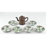 QING PERIOD SIX FAMILLE ROSE DISHES & A YIXING ZISHA TEAPOT