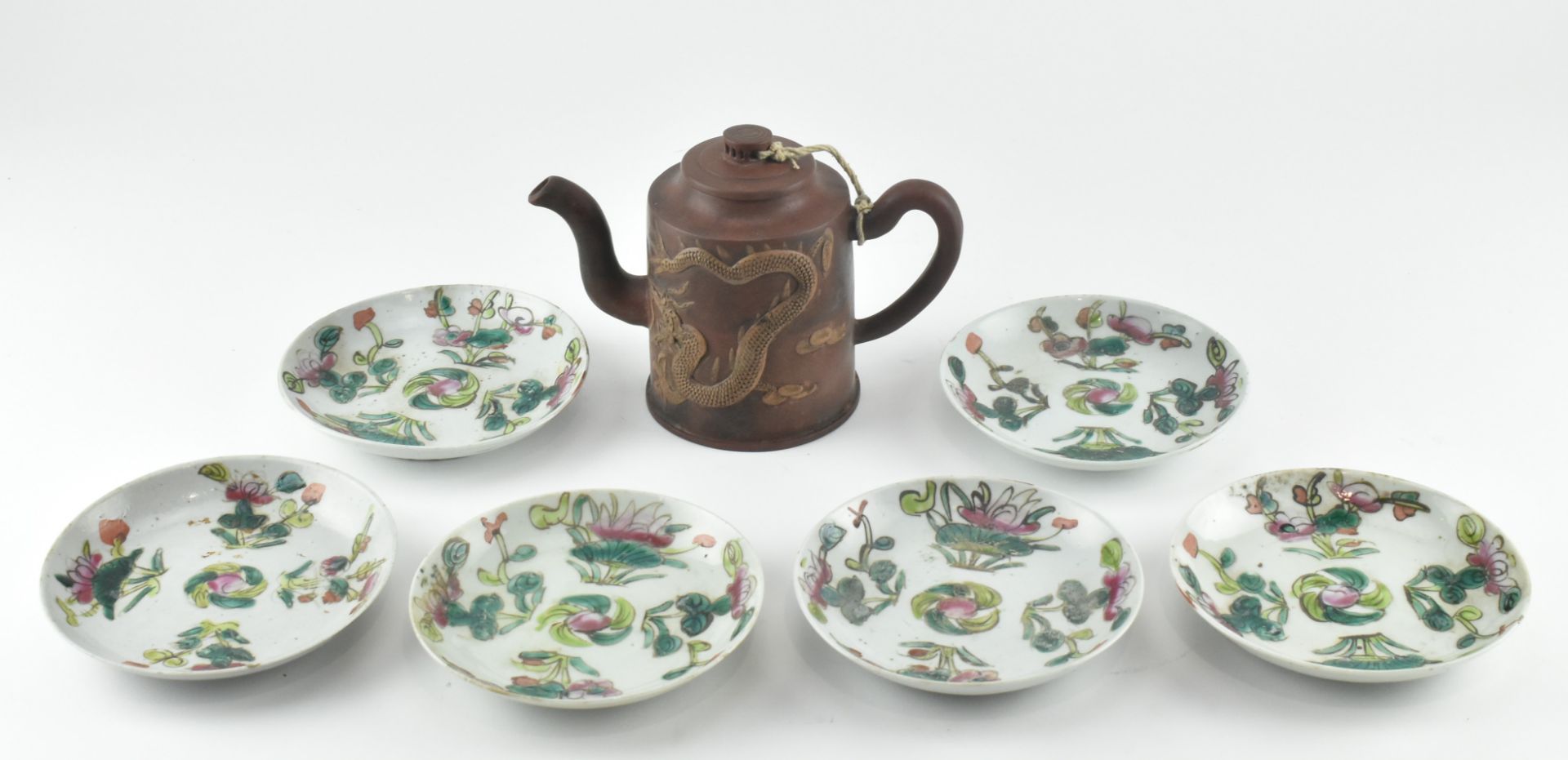 QING PERIOD SIX FAMILLE ROSE DISHES & A YIXING ZISHA TEAPOT