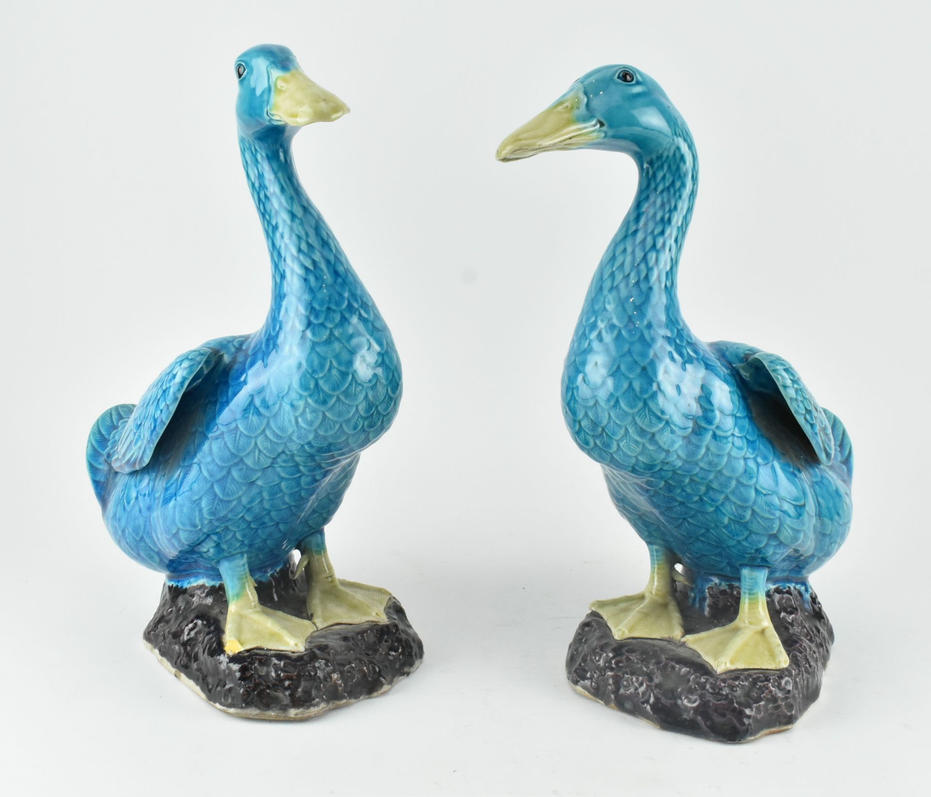 PAIR OF QING DYNASTY TURQUOISE GLAZED DUCKS 清 孔雀蓝釉鸭子一对