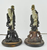 PAIR OF SOAPSTONE HAND CARVED SHOU LAO LAMP BASES 石雕寿星烛台