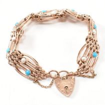 HALLMARKED 9CT ROSE GOLD PEARL & TURQUOISE GATE LINK BRACELET