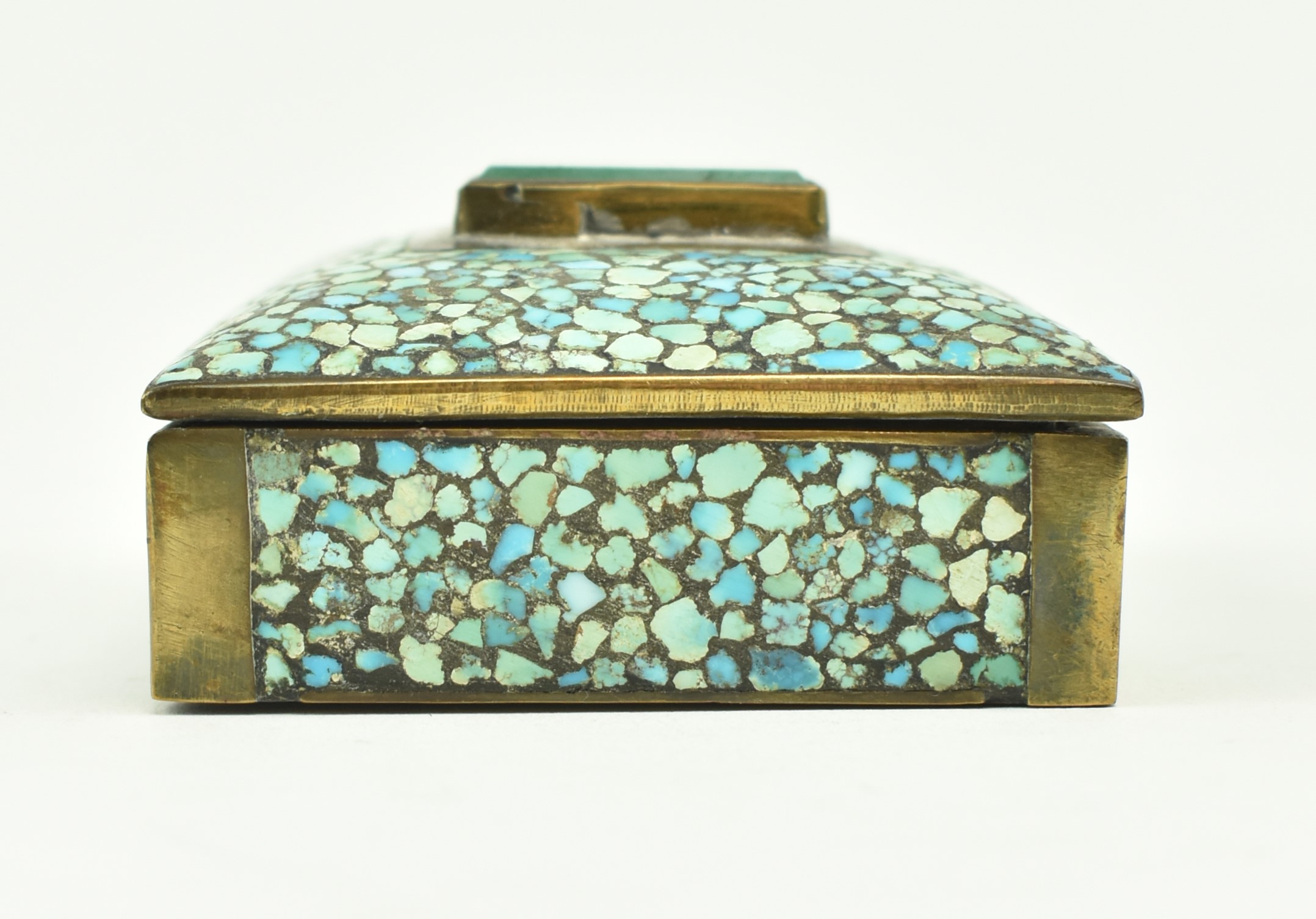 CHINESE LATE 19TH CENTURY BRASS & TURQUOISE INSET TRINKET BOX - Bild 4 aus 5