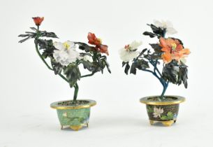 PAIR OF CHINESE JADE & AGATE PEONY TREE DISPLAY CENTREPIECES